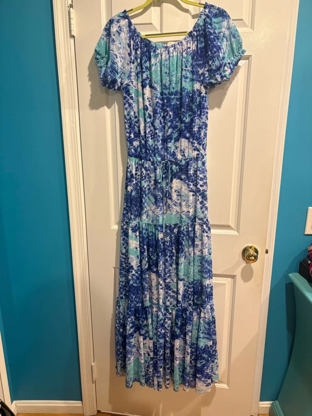 Boston Proper mesh maxi tiered dress blue sz S M cottagecore
